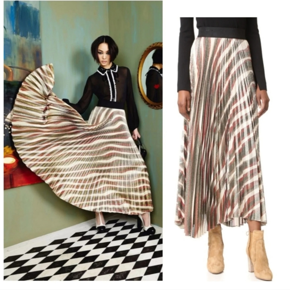 Alice + Olivia Metallic Rose and Gold Striped Pleated Maxi Skirt